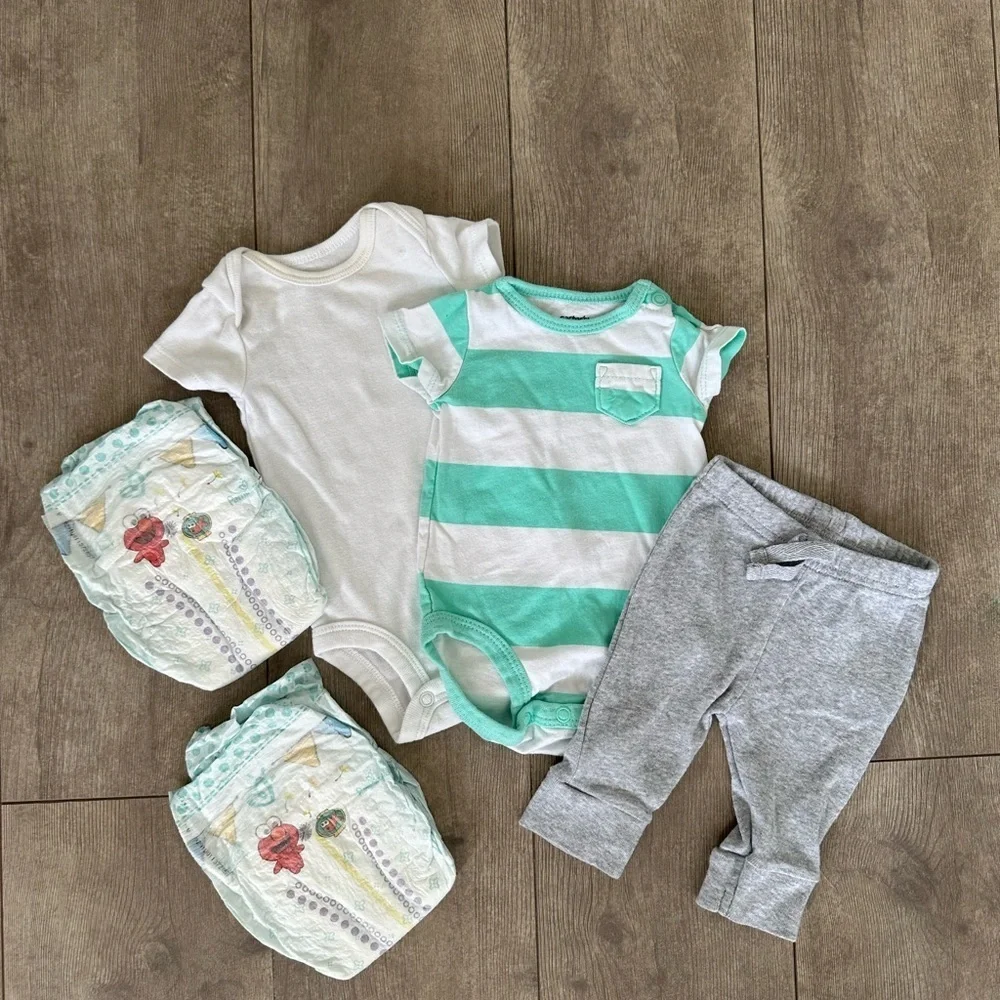 Newborn Carter’s / Koala Baby Baby Boy clothes & two pampers diapers